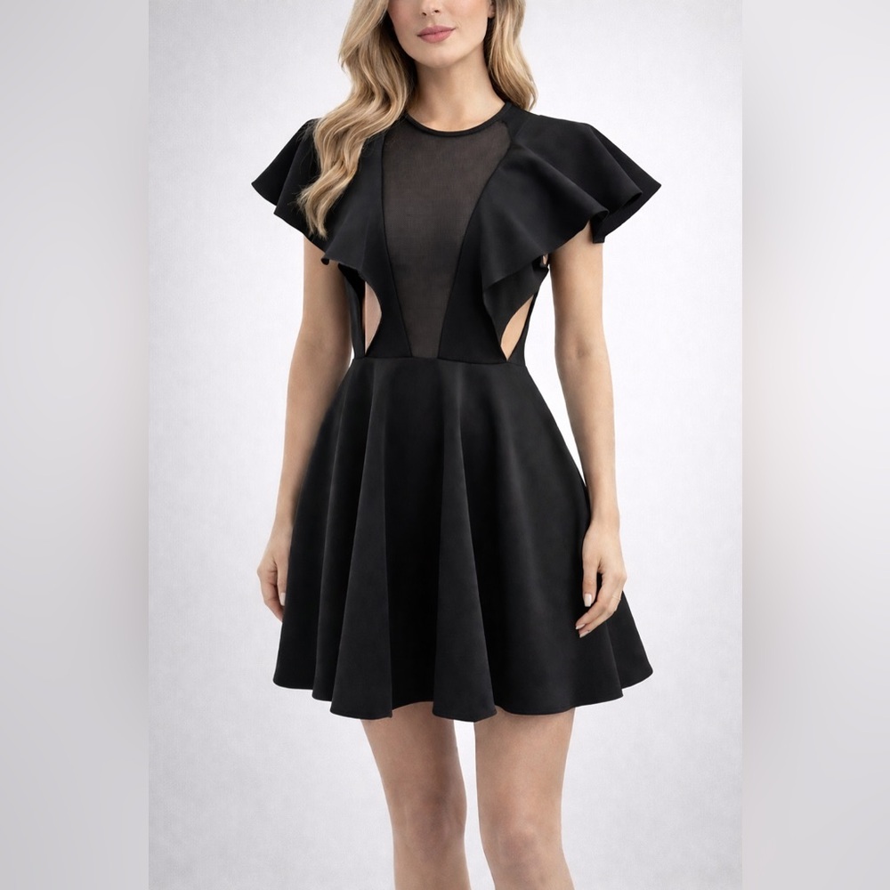 Sandro Paris Ruffle Cocktail Dress - Black Satin - Size S